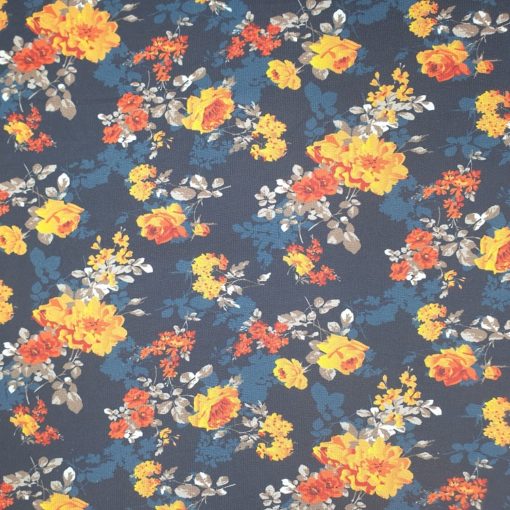 Bomullsjersey - Mørk Marineblå med blomster i oker og rødt