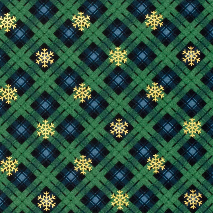 Bomullsflanell - Grønn og blårutete med gullkrystaller