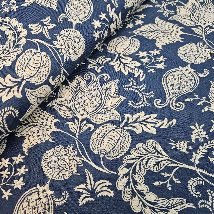 Bomull Voile - Blå med ecru mønster