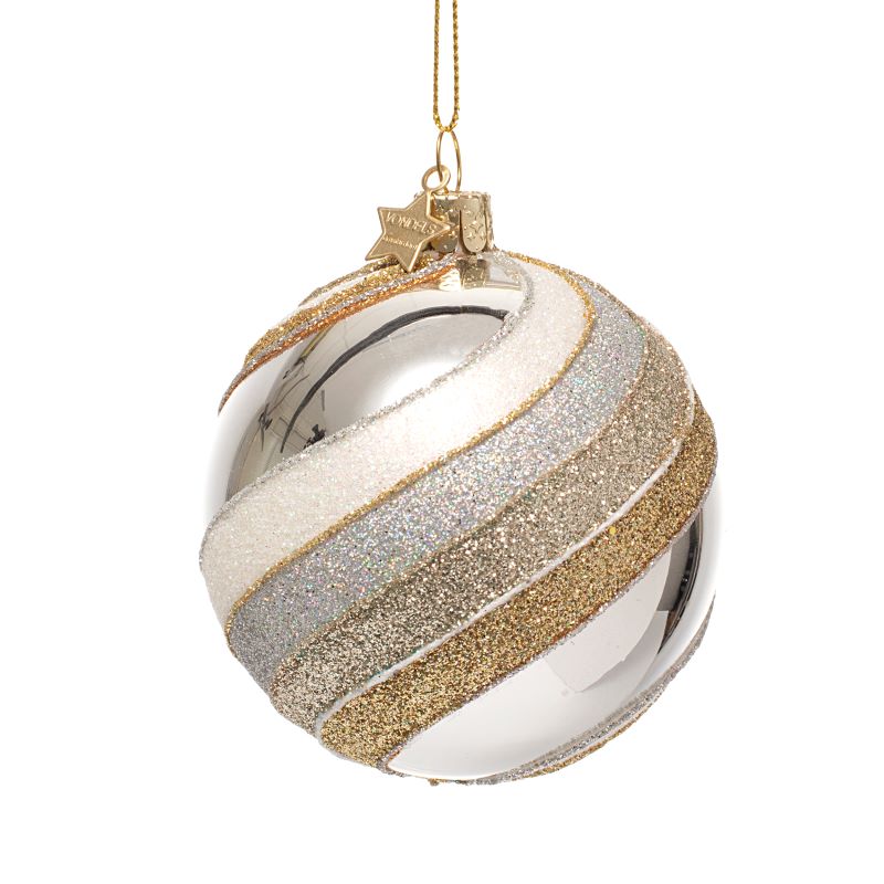 Bauble glass silver glitter swirl 9cm