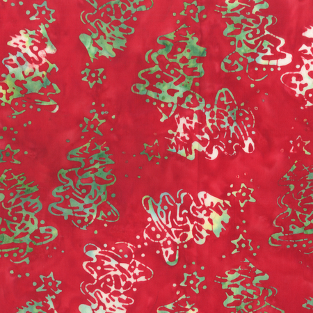 Batikk Juletrær i grønt og hvitt på rød bunn