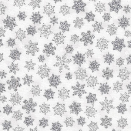 Snøkrystaller i hvitt og sølv på lys grå bunn