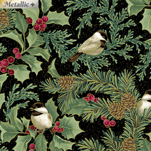 Chickadees & Holly Allover Black, bit 50cm