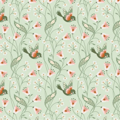 Vintage charm, lys grønn bunn m/ fugler.