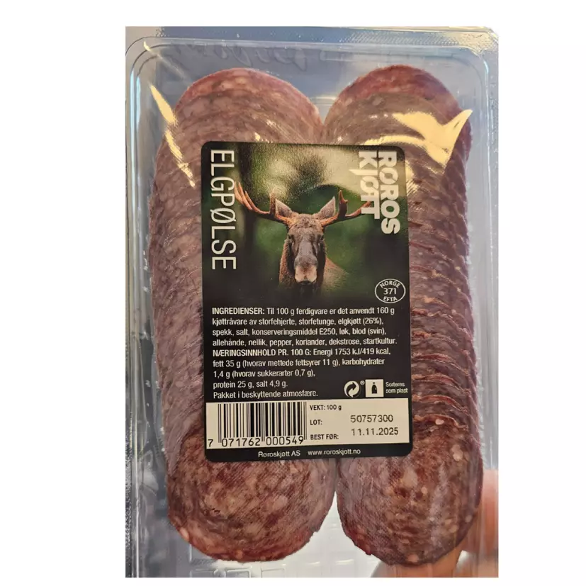 Elgpølse oppskåret