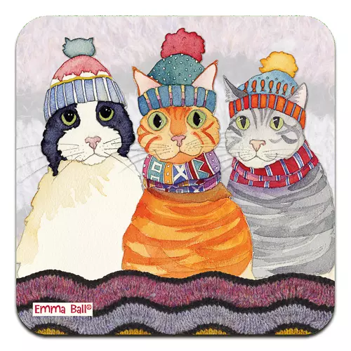 Emma Ball - Coaster - glassbrikke - Tree cats in hats