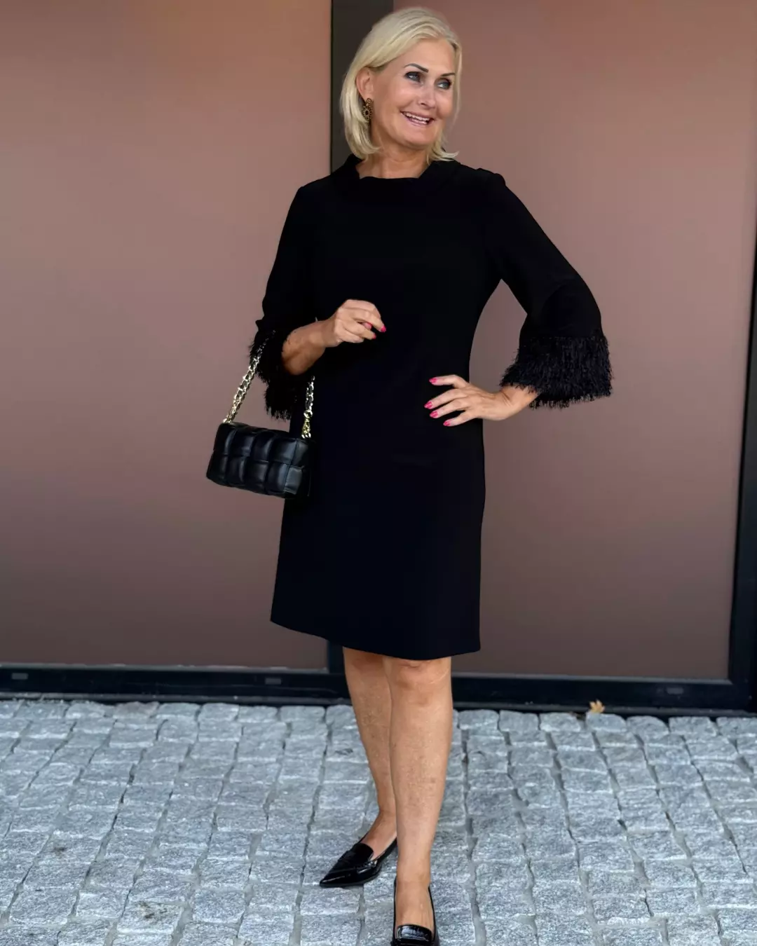 Mini Shift Dress With Fringe - Black