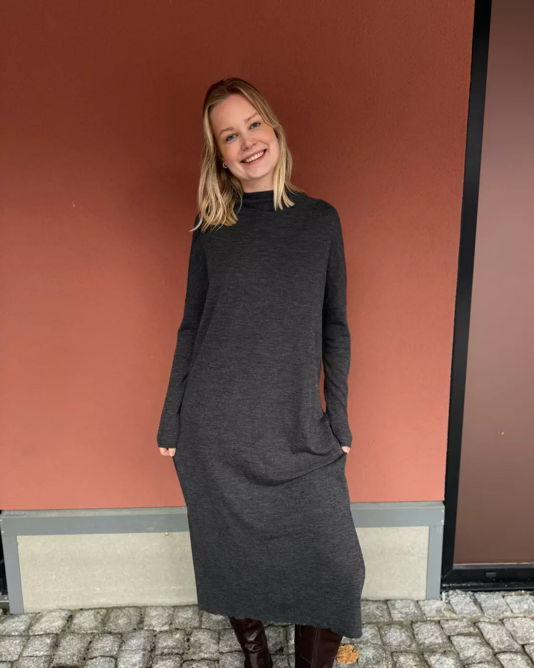 Dress Loose Long W/Draped Neck - Anthrasite Melange