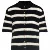 Short Sleeve Cardigan w/Buttons - Black/Ivory Stripes