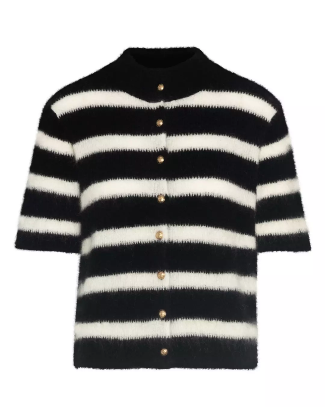 Short Sleeve Cardigan w/Buttons - Black/Ivory Stripes