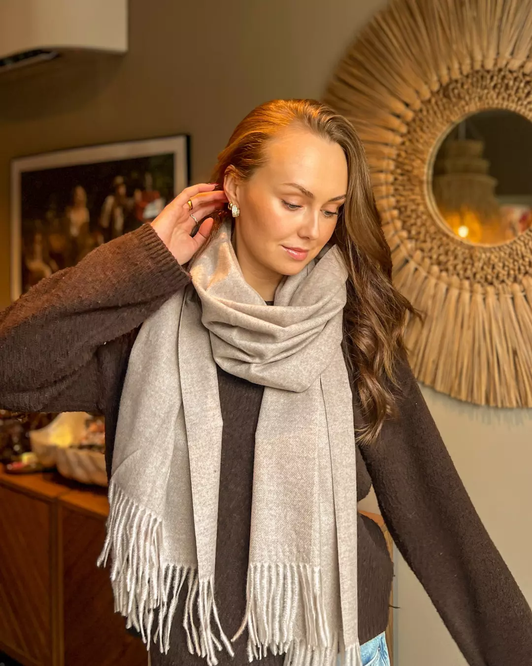 Nye ull/cashmere skjerf m/ frynser - Lys Taupe