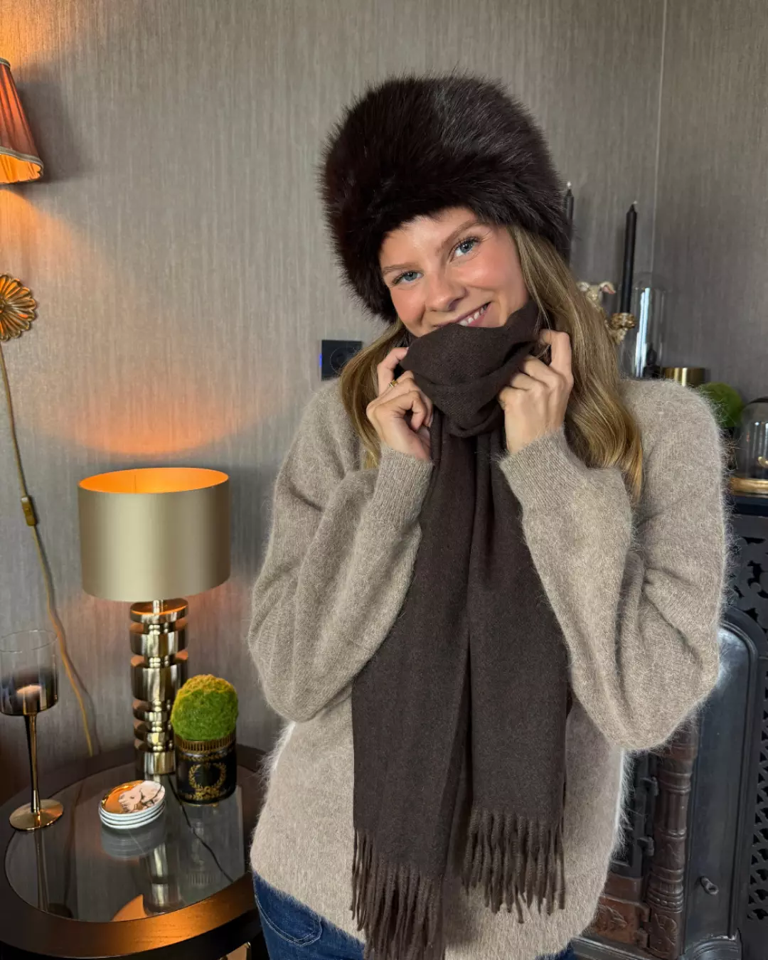 Nye ull/cashmere skjerf m/ frynser - Espresso