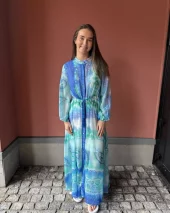 Woven Printed Long Dress - Green/Blue