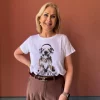 T-shirt w/dog print & rhinestones - Cream