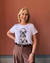 T-shirt w/dog print & rhinestones - Cream