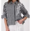 Blouse w/stripes & embroidery - Black/White