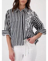 Blouse w/stripes & embroidery - Black/White
