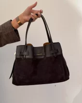 Suede leather large satchel bag - Marron