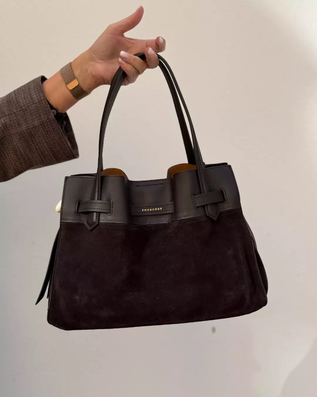 Suede leather large satchel bag - Marron