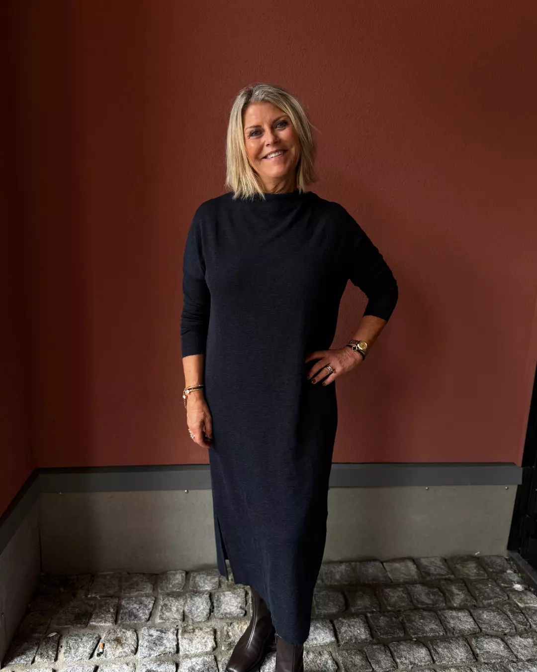 Dress Loose Long W/Draped Neck - Midnight Melange