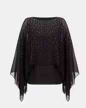 Rhinestone Chiffon Poncho - Black