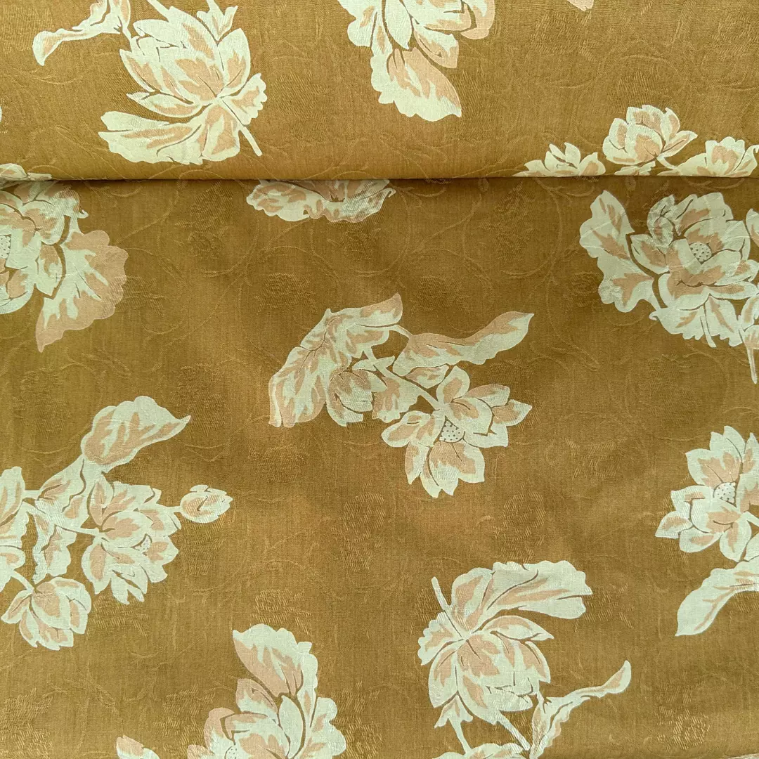 Sennepsgrønn med blomster – Jacquard – bomull