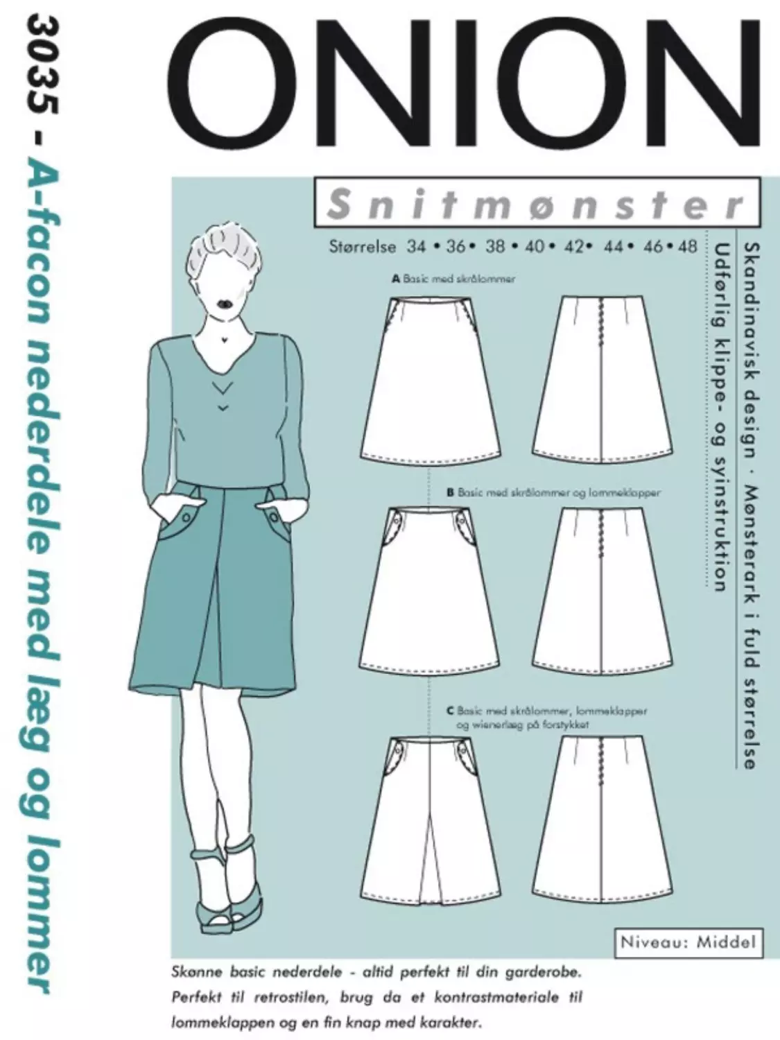 A-fasong skjørt m. legg & lommer – 34-48 – Onion 3035