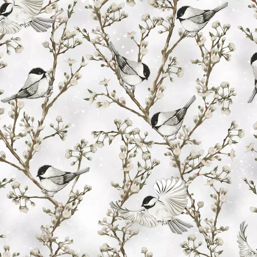 Chickadees light grey - Cotton & Pine - Hoffman Fabrics