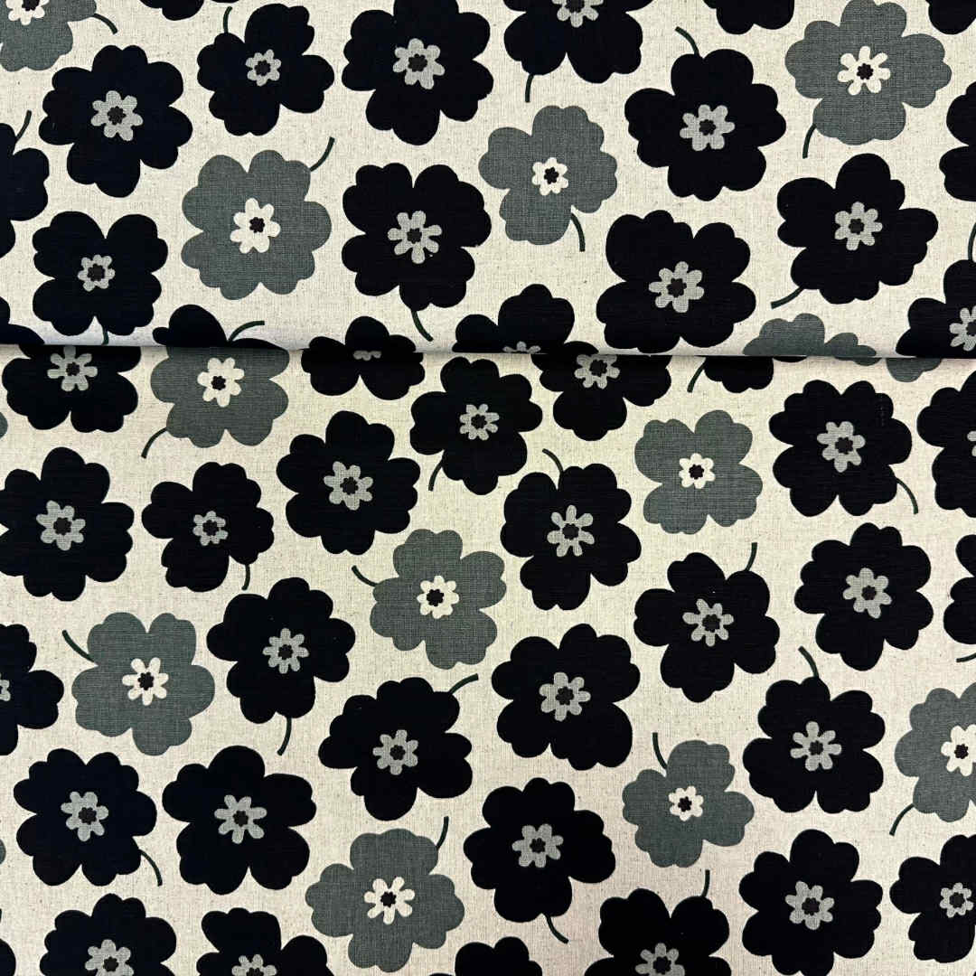 Sort/Grå blomst - Lin/Bom - Canvas