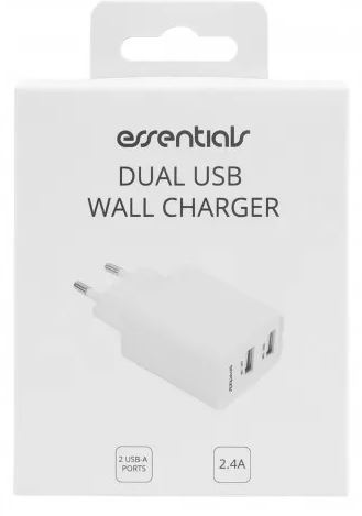 essentials Wall charger 2x USB-A, 2.4A, total 12W, White