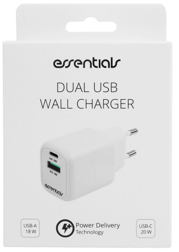 Essentials - Dual USB Wall Charger 20W White