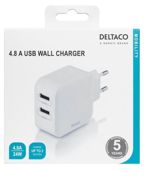 Deltaco Wall charger with dual USB-A ports 4.8 A.