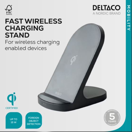 Deltaco Trådløst ladestativ, 15 W, USB-C, Qi-sertifisert, svart