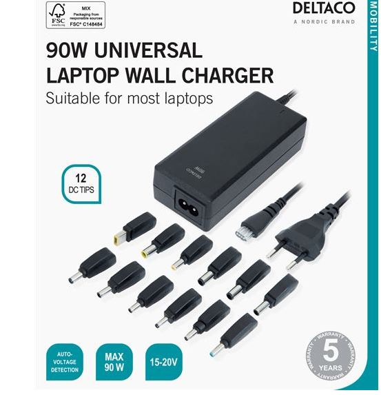 DELTACO SMP-90W12, Universal bærbar adapter 90W