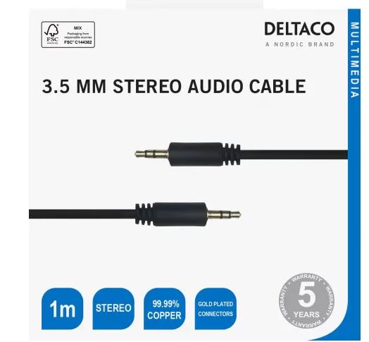 Deltaco Audio cable, 3.5mm, gold-plated, 1m, black