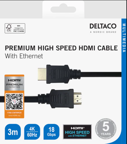 Kabel DELTACO HDMI M/M 4K 3m sort
