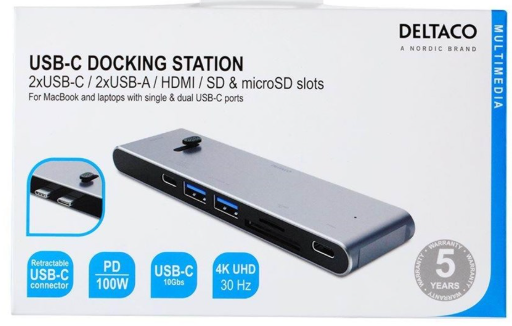 Deltaco USB-C MB-dokkingstasjon HDMI/SD/leser