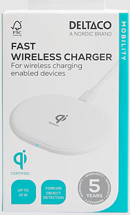 Deltaco Trådløs lader, 10 W, USB-C, Qi-sertifisert, hvit