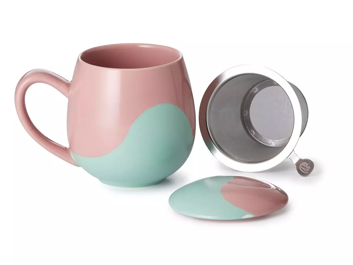 Saara Duo~ grønn/rosa, tekopp med lokk og sil