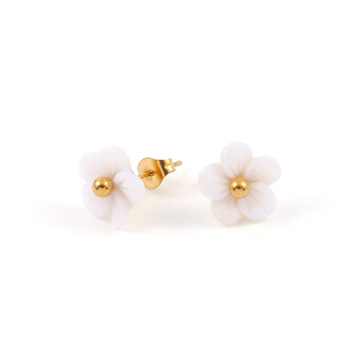 Ellen - White Flower Stud Earrings Stainless Steel - Gold