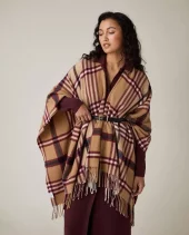 LEXINGTON - RECYCLED WOOL BLEND PONCHO, BEIGE/DARK RED CHECK