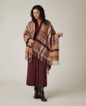 LEXINGTON - RECYCLED WOOL BLEND PONCHO, BEIGE/DARK RED CHECK(1221)