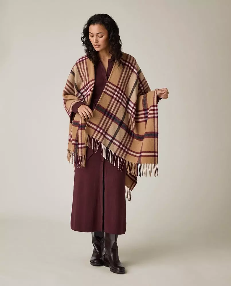 LEXINGTON - RECYCLED WOOL BLEND PONCHO, BEIGE/DARK RED CHECK(1221)