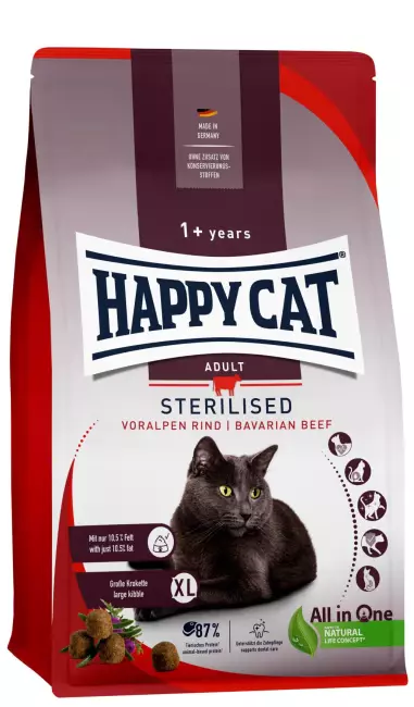 Happy Cat Sterilisert Adult Oksekjøtt 4 kg – Lavfett 10,5% & Store Biter for Tannpleie