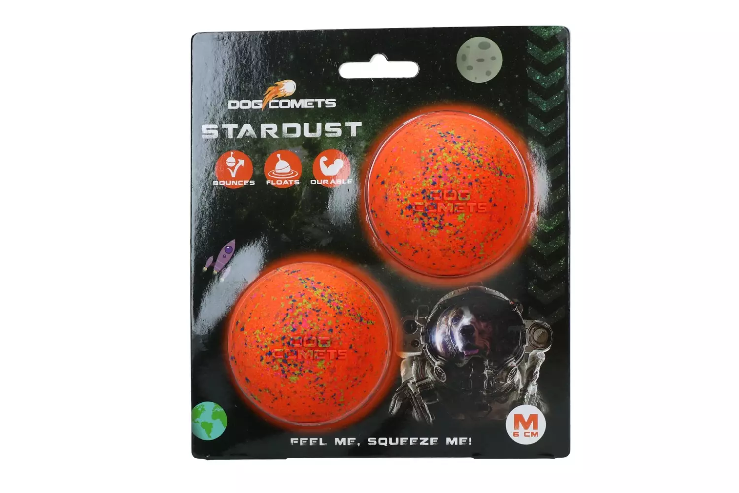 Dog Comets Stardust Oransje M 2-pk – Slitesterke og flytende hundeballer i naturgummi (6 cm)