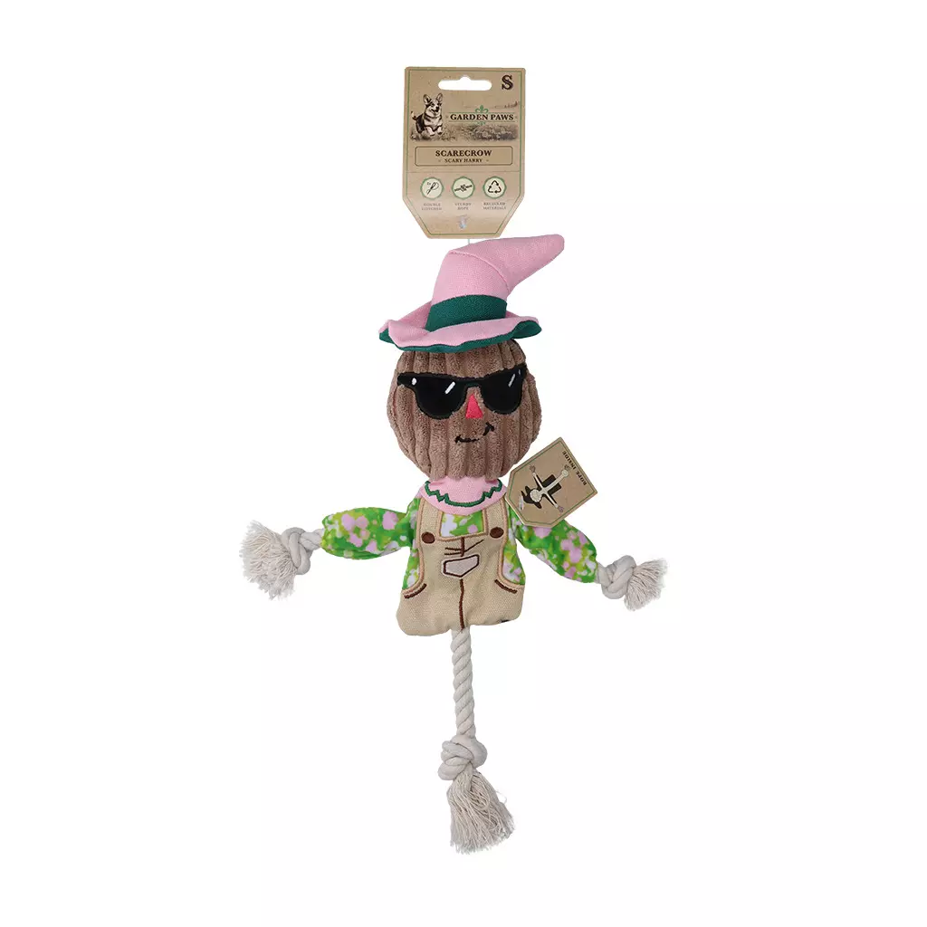 Garden Paws Scarecrow Scary Harry S – Robust plysjleke med gjennomgående tau til liten hund