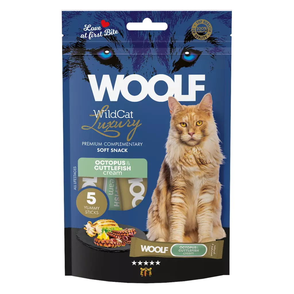 Woolf Wildcat Cream Luxury Blekksprut og Sepia 5pk – Flytende kattegodbit og fôrtopping