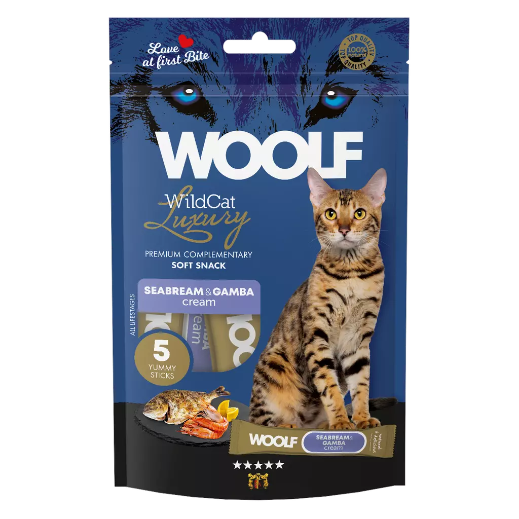 Woolf Wildcat Cream Luxury Havabrasme og Gamba 5pk – Flytende kattegodbit og fôrtopping