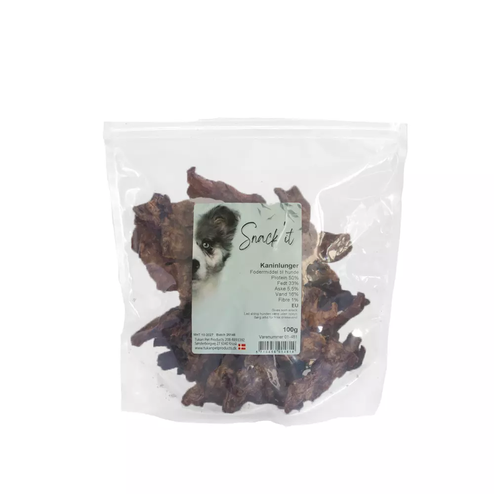 Snack'it Tørkede Kaninlunger 100 gram pose – Allergivennlige treningsgodbiter til hund