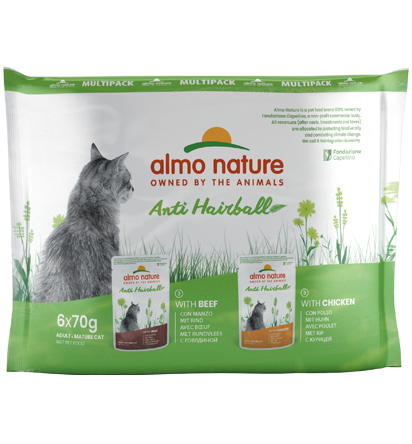 Almo Nature Anti-Hairball med okse og Anti-Hairball med kylling 6X70g